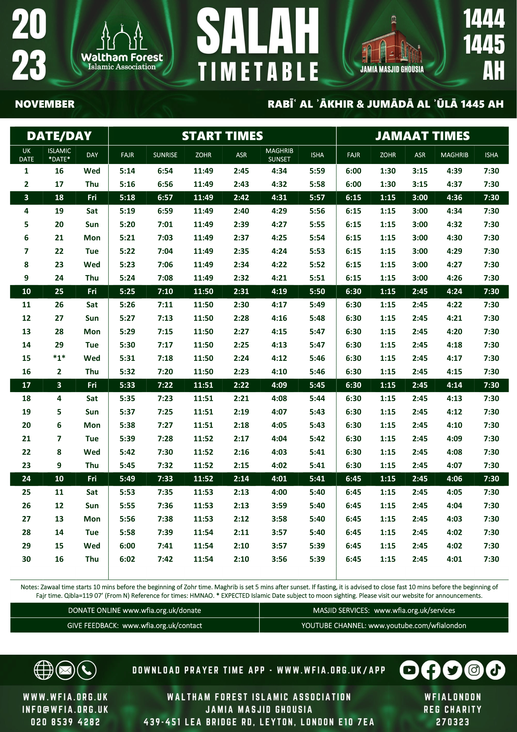 Prayer Timetable WFIA Lea Bridge Road Mosque
